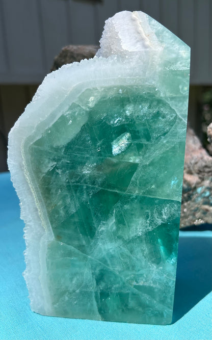 Large Green Fluorite Tower with Druzy Edge